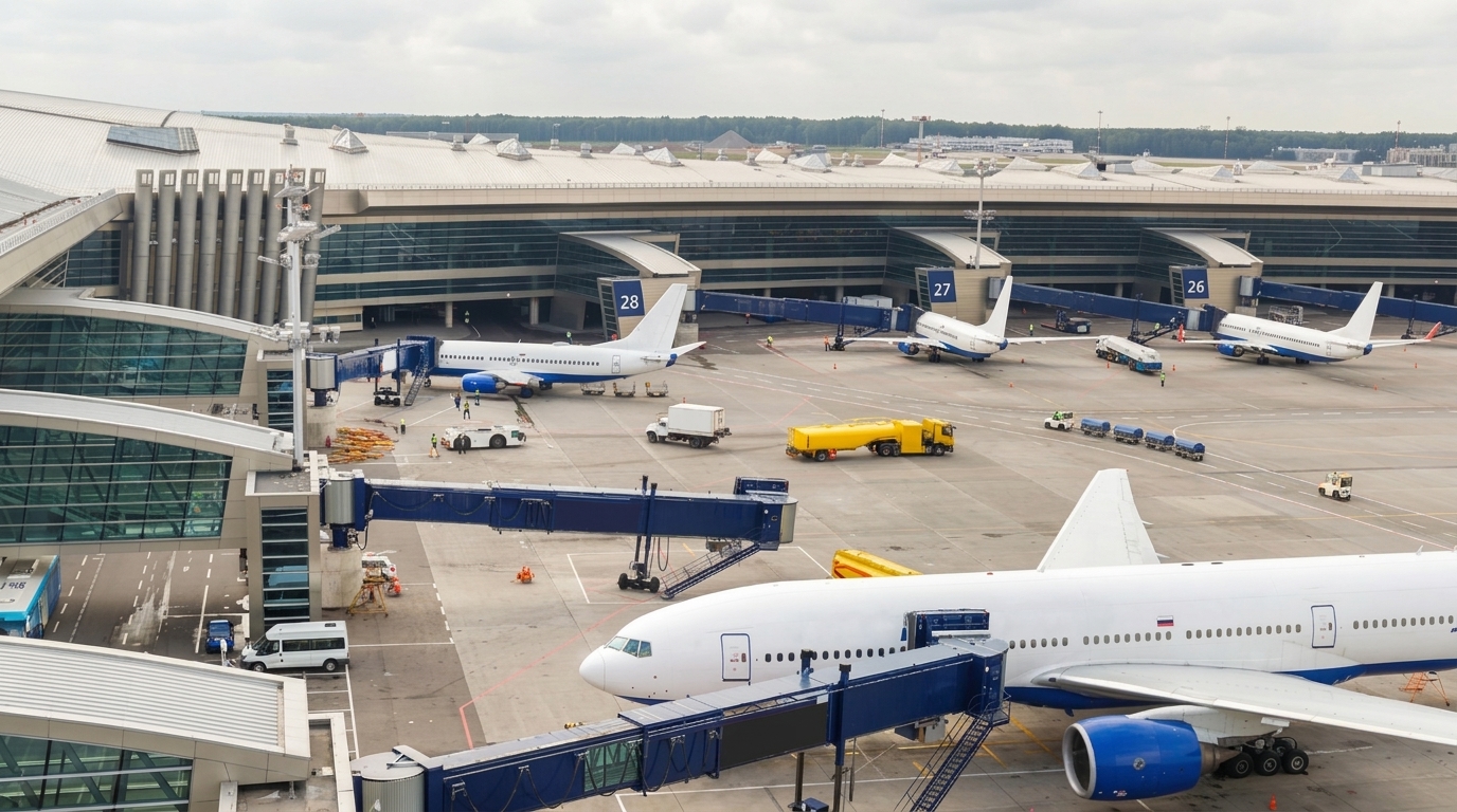 Airport terminal apron with aircraft at boarding gates and ground handling operations managed by Opscom Systems